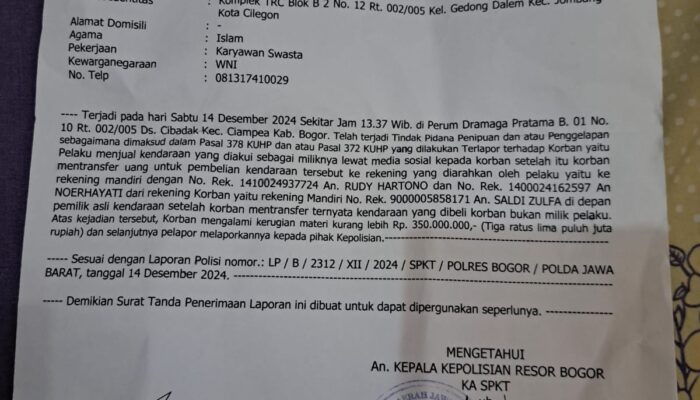 Mangkrak selama 6 bulan , korban penipuan mobil mewah desak polres bogor tangkap pelaku