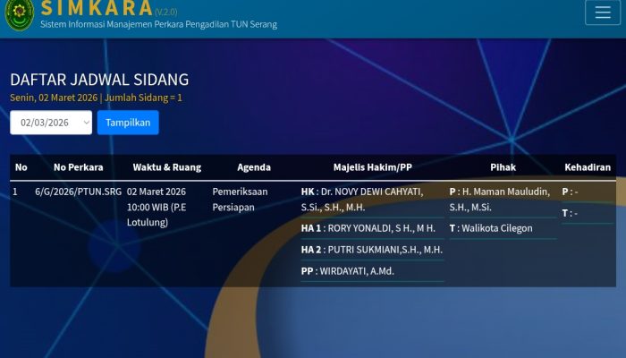 Sidang Perkara Nomor 6/G/2026 Digelar di PTUN Serang, Wali Kota Cilegon Jadi Tergugat