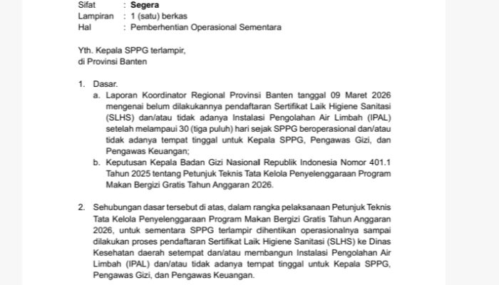 BGN Hentikan Sementara Operasional Sejumlah SPPG di Banten, Pengawasan Program MBG Diperketat 