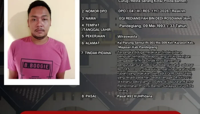Polresta Serang Kota Tetapkan Egi Rediansyah sebagai DPO Kasus Penipuan