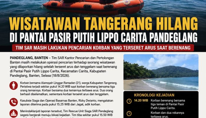 Wisatawan Tangerang Hilang Terseret Arus di Pantai Pasir Putih Lippo Carita, Tim SAR Lakukan Pencarian